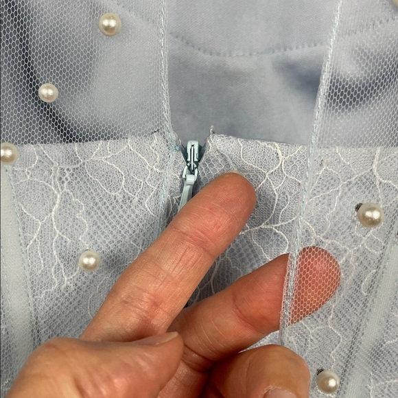 New Mac Duggal Sample Fit Flare Mini Corset Dress Light Blue Pearl Accent Sz 2 - Picture 14 of 14